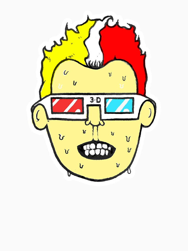 3D glasses wearing sweating cartoon head