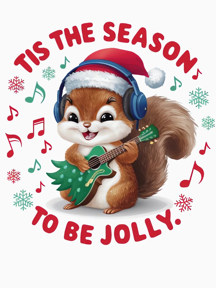 Adorable Squirrel in Santa Hat Jamming on a Christmas Tree Guitar