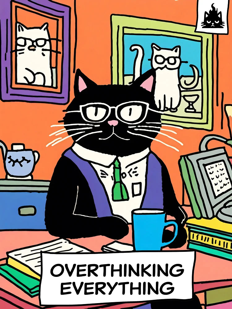 Overthinking Everything - Sarcastic Exhausted Cat Illustration