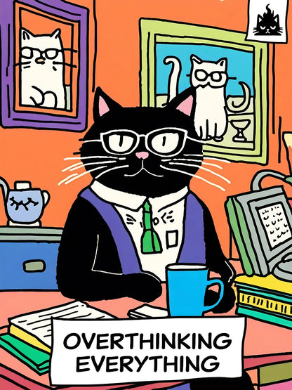 Overthinking Everything - Sarcastic Exhausted Cat Illustration