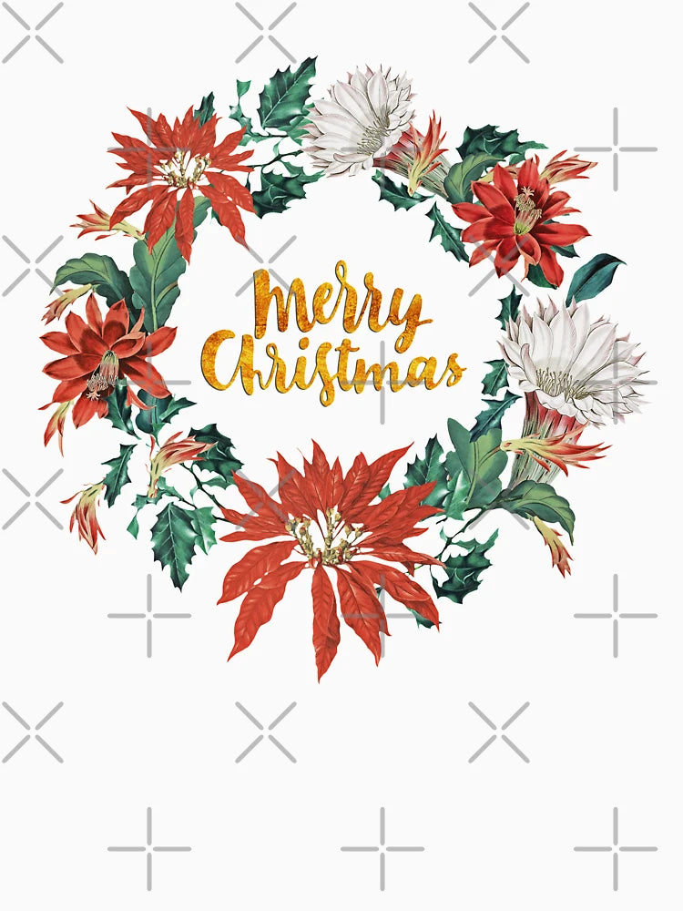 Gold Merry Christmas Poinsettia Floral Wreath on Pink