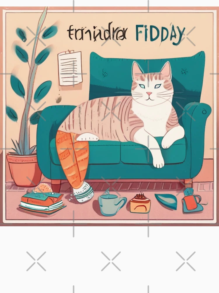 A cozy and cheerful scene featuring a contented cat celebrating Friday. The cat is lounging comfortably in a relaxed setting