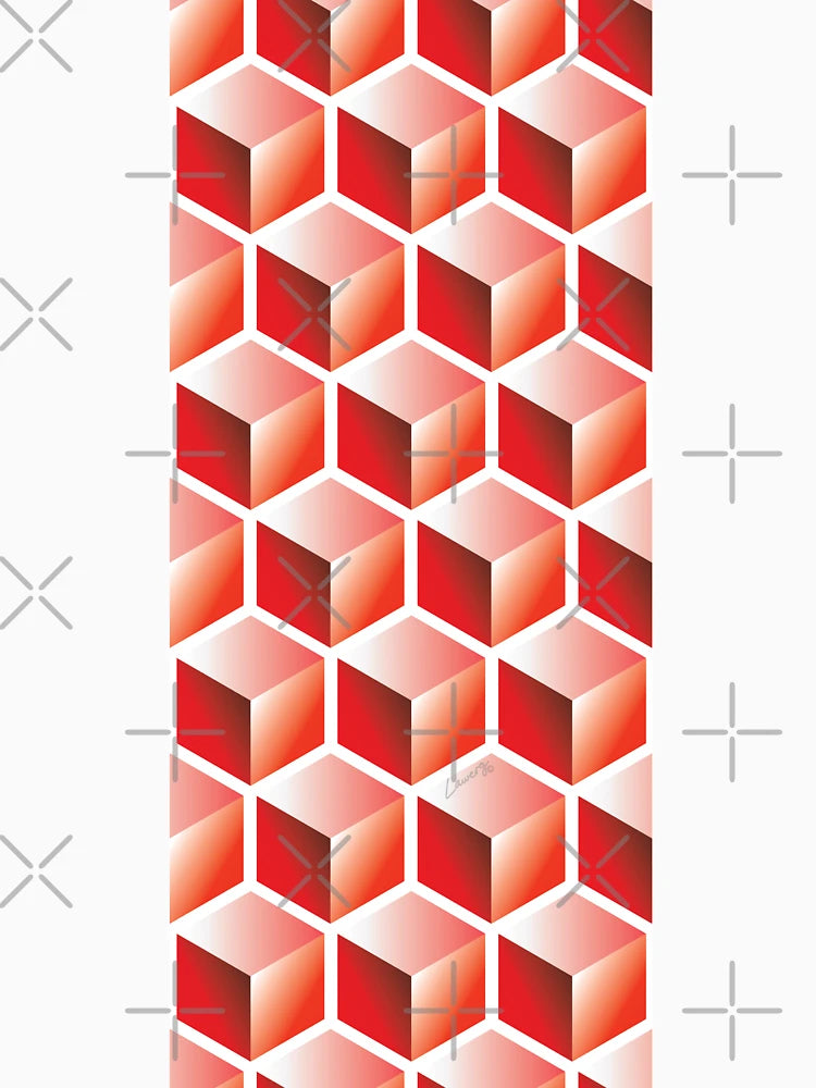 3D RED CUBE GEOMETRIC PATTERN on White Background (v1RED on WHITE) ©