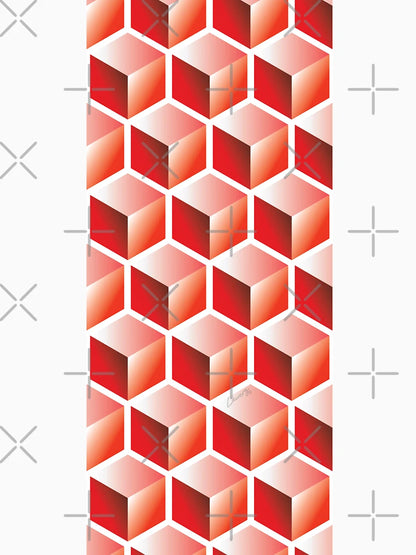 3D RED CUBE GEOMETRIC PATTERN on White Background (v1RED on WHITE) ©