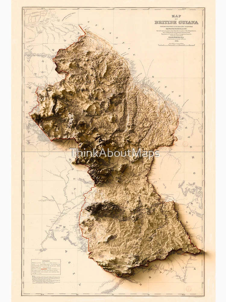 1913 Guyana Relief Map 3D digitally-rendered