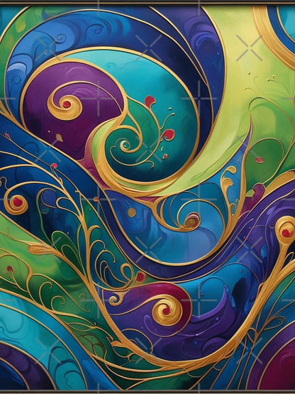 Abstract Pattern with Gold + Shades of Blue, Purple and Green