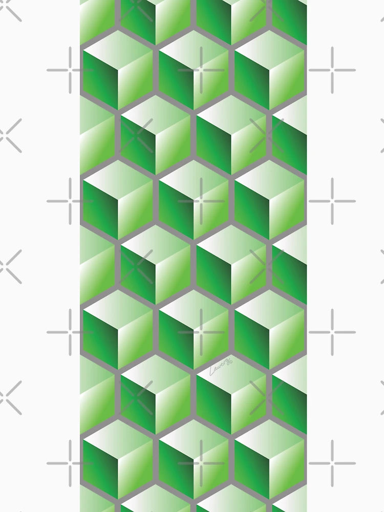 3D GREEN CUBE GEOMETRIC PATTERN on GRAY Background (v1GREEN on GRAY) ©