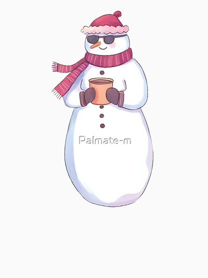 A cool snowman wearing sunglasses and holding a mug of hot cocoa, confident pose, cute sticker design, bold outline, transparent background, winter holiday theme
