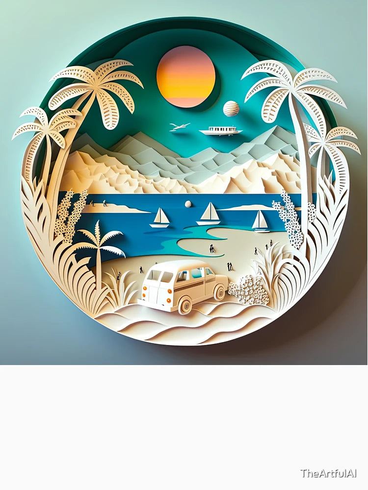 3D Effect Papercut Art - Beach Scene