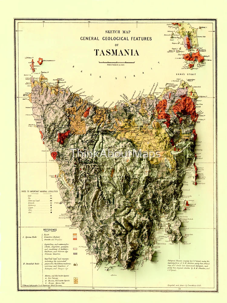 1884 Tasmania Geological Map 3D digitally-rendered