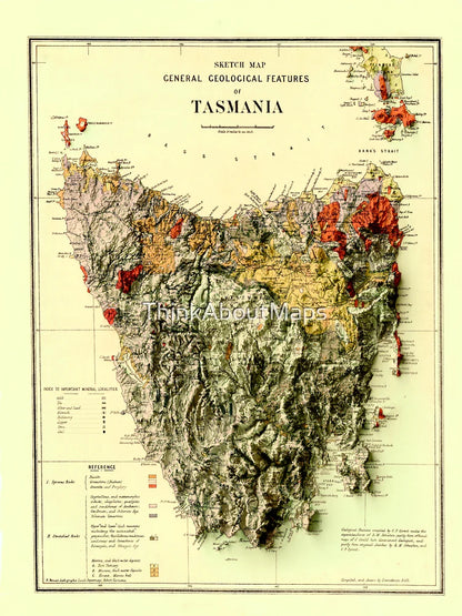 1884 Tasmania Geological Map 3D digitally-rendered