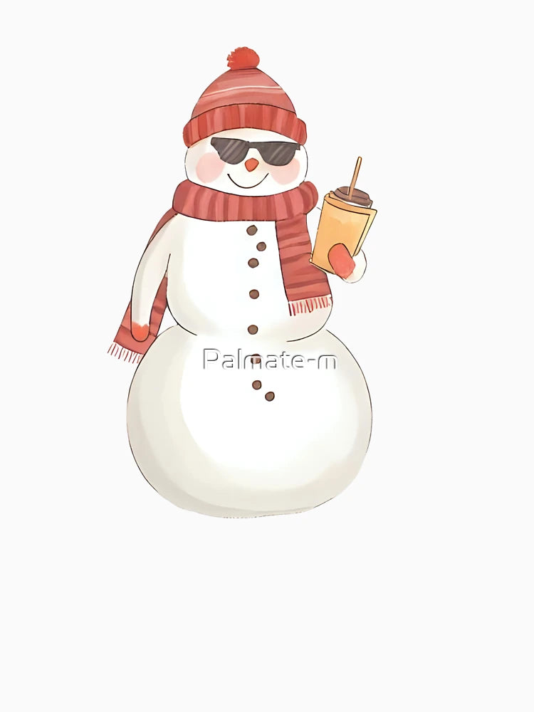 A cool snowman wearing sunglasses and holding a mug of hot cocoa, confident pose, cute sticker design, bold outline, transparent background, winter holiday theme