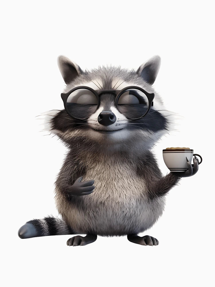 A chubby raccoon wearing oversized glasses, holding a tiny cup of coffee with a smirk