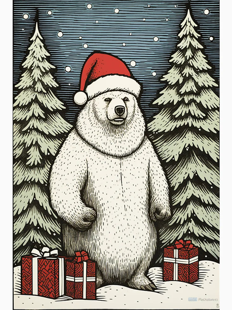 A polar bear wearing Santa hat on a snowy evening
