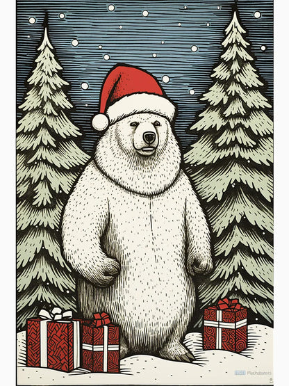 A polar bear wearing Santa hat on a snowy evening