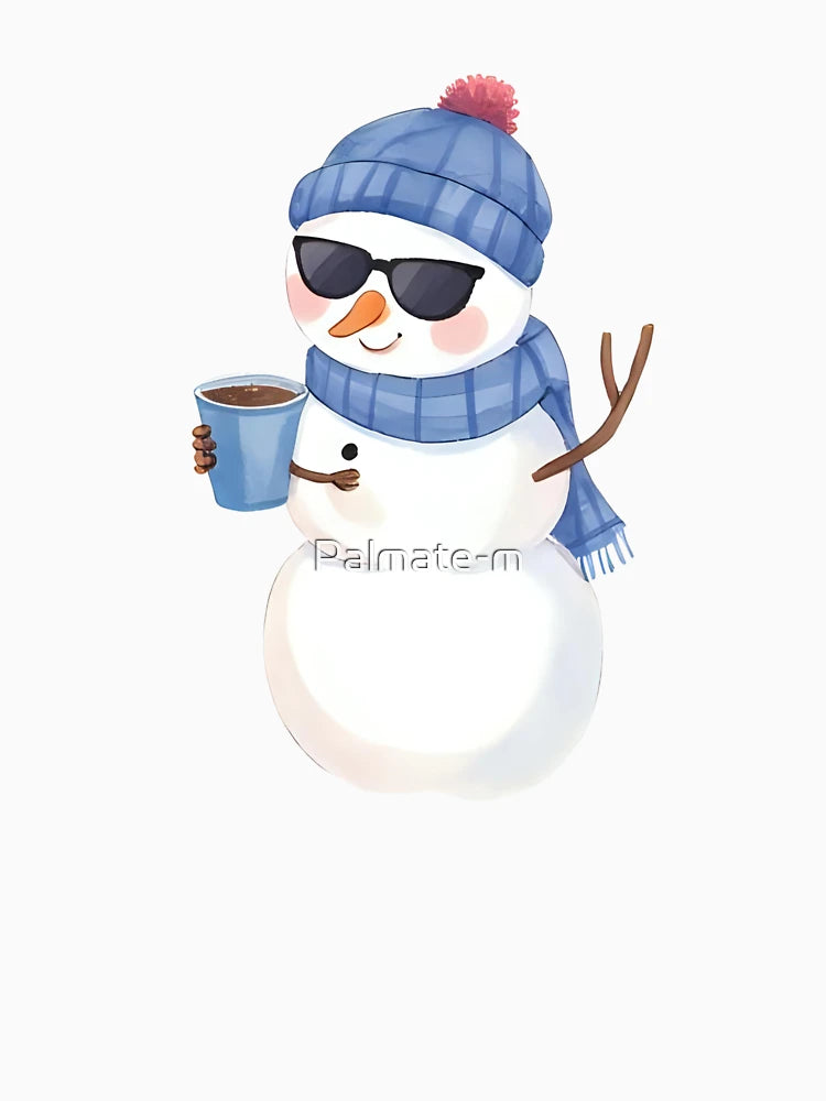 A cool snowman wearing sunglasses and holding a mug of hot cocoa, confident pose, cute sticker design, bold outline, transparent background, winter holiday theme