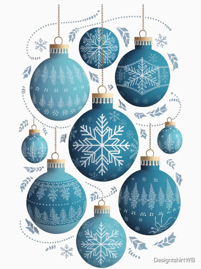 Elegant Blue Christmas Ornaments with Snowflake and Pine Tree Designs On