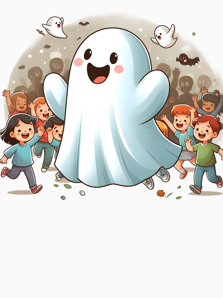 Adorable Friendly Ghost Leading a Halloween Parade of Kids