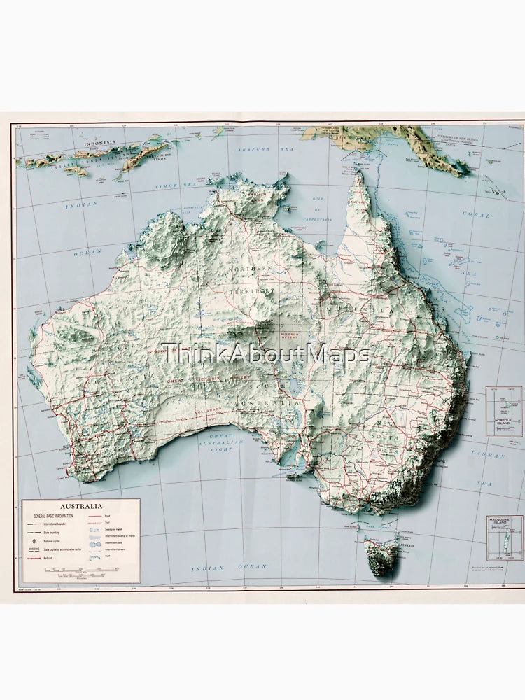 1959 Australia Relief Map 3D digitally-rendered