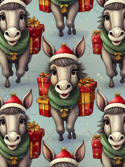 Donkey's Christmas Workshop: A busy pattern featuring donkeys helping Santa Claus deliver gifts.