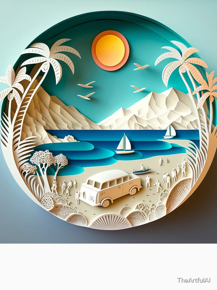 3D Effect Papercut Art - Beach Scene