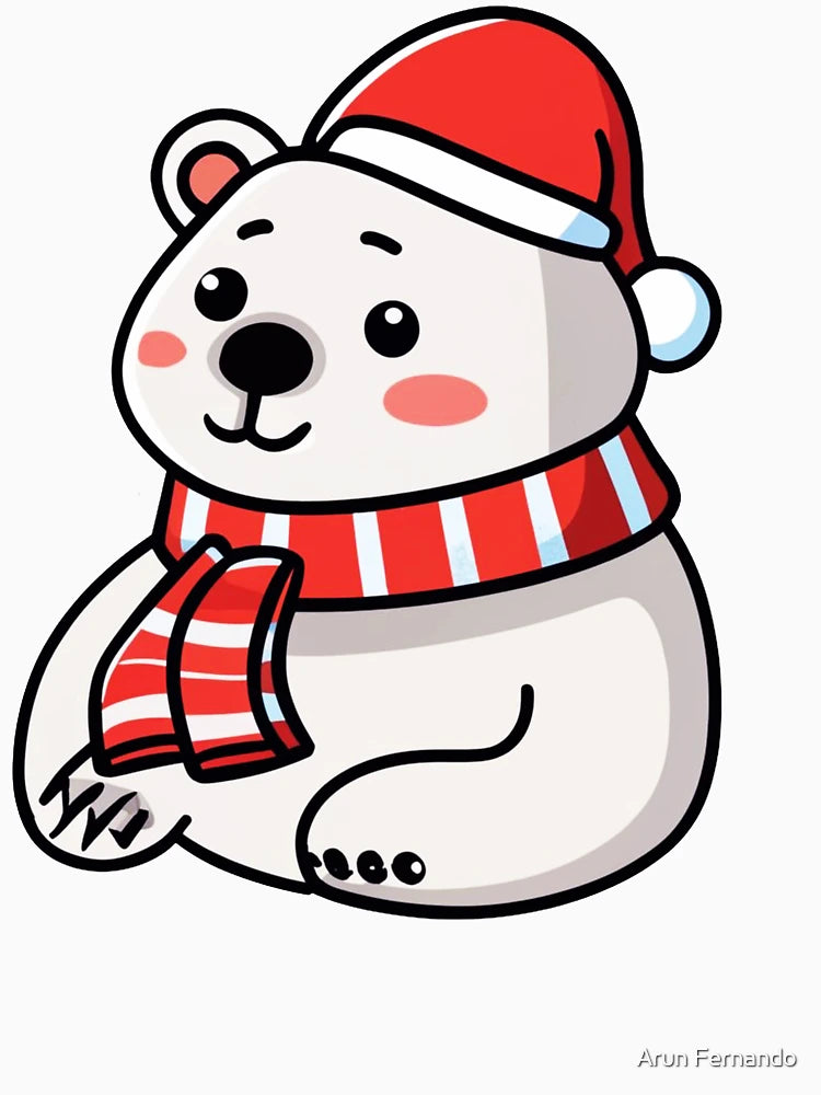 A cute polar bear wearing a Santa hat and scarf