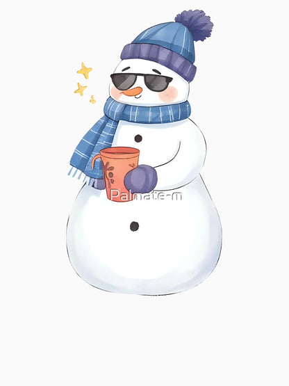 A cool snowman wearing sunglasses and holding a mug of hot cocoa, confident pose, cute sticker design, bold outline, transparent background, winter holiday theme