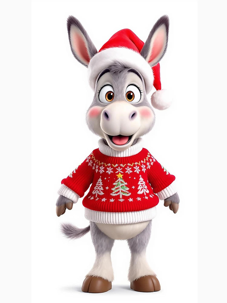 Donkey in Christmas Hat and Red Sweater Holiday Animal Art