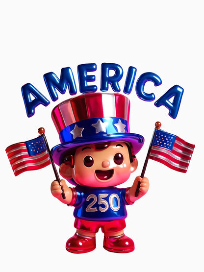 3D cartoon America 250 – Cute Patriotic Kid with Flags (3D Cartoon Style)