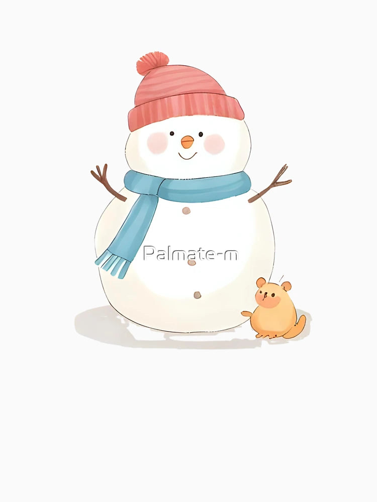 A friendly snowman with a tiny bird on its head and a mouse near its feet, warm smile, winter sticker design, soft pastel colors, white border, transparent background