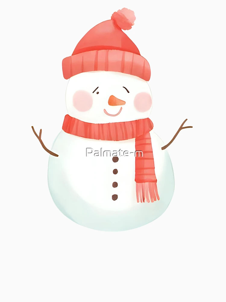A cute kawaii snowman with a red scarf and carrot nose, smiling happily, pastel color palette, soft shading, white outline, transparent background, sticker style