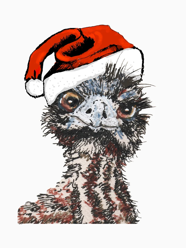 Emu chick wearing red Santa hat.
