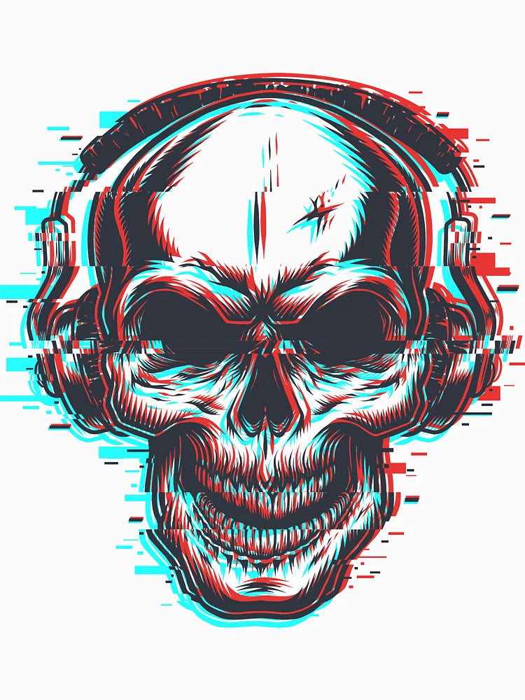 3D Skull with Headphones | Red Blue 3D Effect