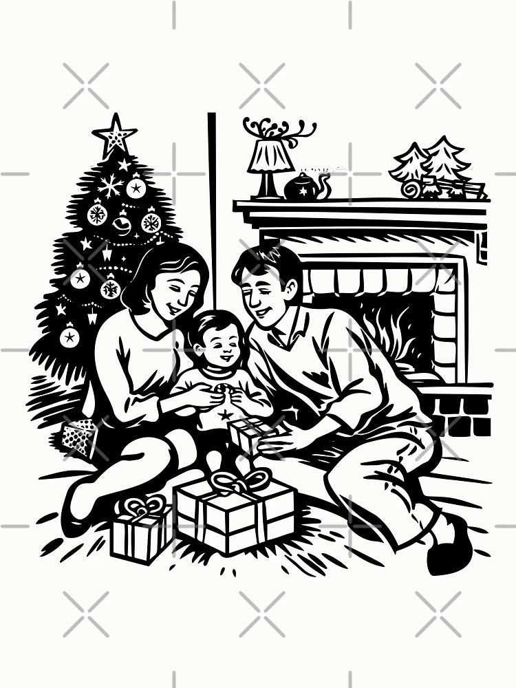 Family Opening Gifts by Fireplace – Nostalgic Christmas Illustration in Black and White