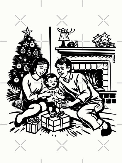 Family Opening Gifts by Fireplace – Nostalgic Christmas Illustration in Black and White