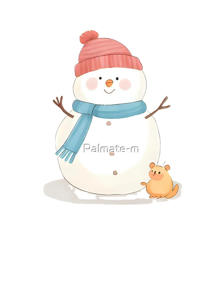 A friendly snowman with a tiny bird on its head and a mouse near its feet, warm smile, winter sticker design, soft pastel colors, white border, transparent background