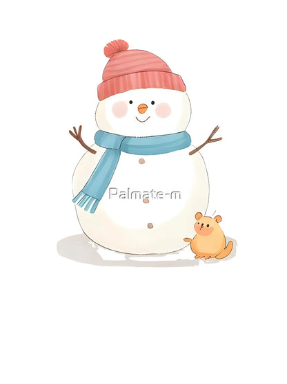 A friendly snowman with a tiny bird on its head and a mouse near its feet, warm smile, winter sticker design, soft pastel colors, white border, transparent background