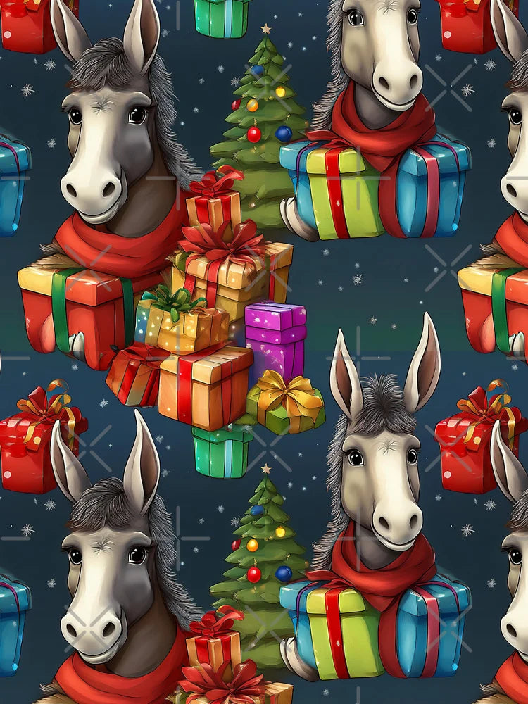 A Drove of Colourful Donkeys: A busy pattern featuring a drove of colourful donkeys with gifts.