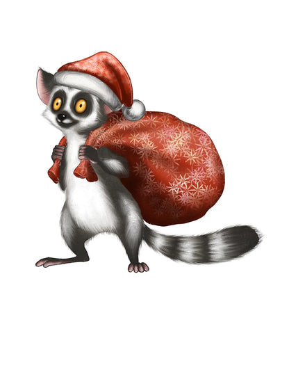 Lemur in a Santa hat carrying a festive bag with holiday decorations during a joyful celebration