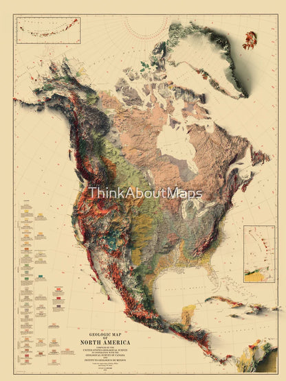 1911 North America Relief Map 3D digitally-rendered