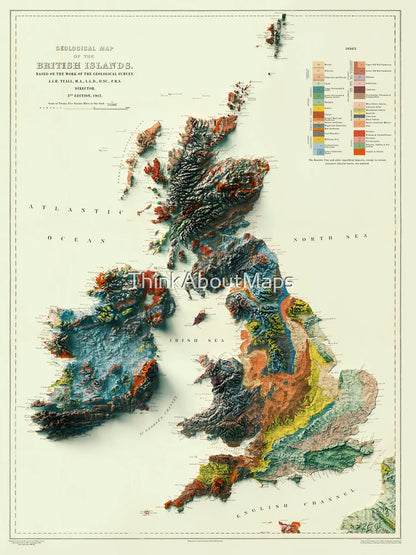 1912 3D Ireland, British Islands and England Geological Relief Map digitally rendered