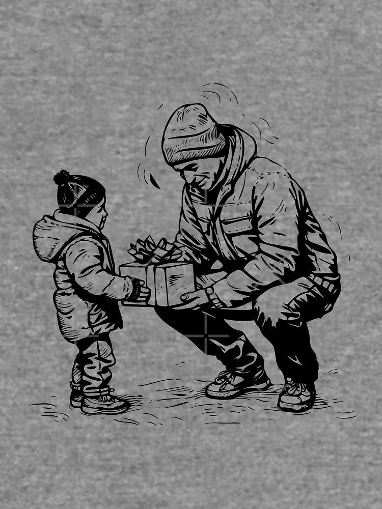 Father Giving Gift to Child – Heartfelt Christmas Moment in Black and White