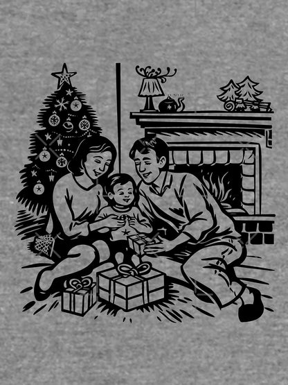 Family Opening Gifts by Fireplace – Nostalgic Christmas Illustration in Black and White