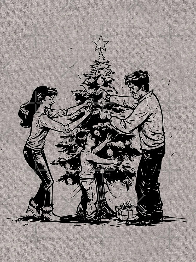 Family Decorating Christmas Tree – Nostalgic Holiday Illustration in Black and White