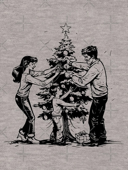 Family Decorating Christmas Tree – Nostalgic Holiday Illustration in Black and White