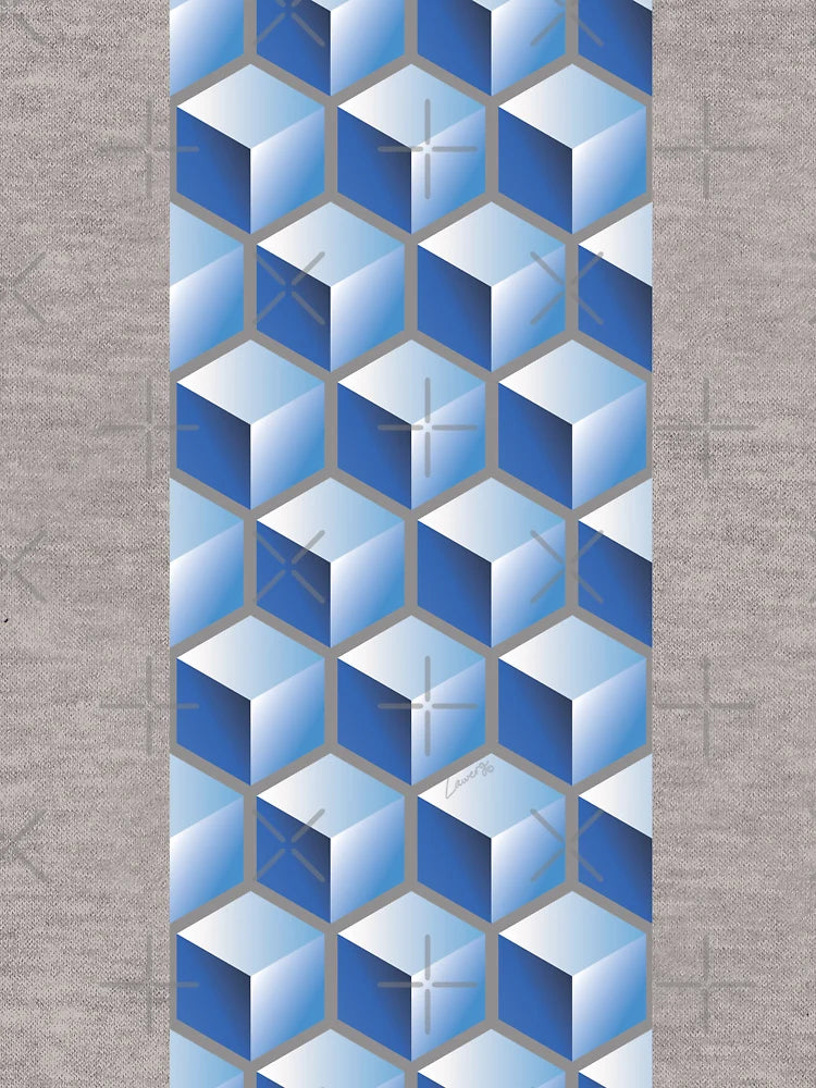 3D BLUE CUBE GEOMETRIC PATTERN on GRAY Background (v1BLUE on GRAY) ©