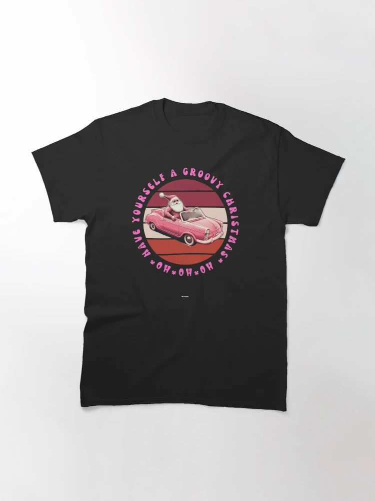 HAVE A GROOVY CHRISTMAS  RETRO VINTAGE SANTA CLAUS IN PINK CONVERTIBLE Mid journey Ai Art