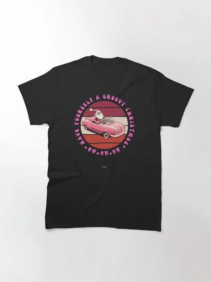 HAVE A GROOVY CHRISTMAS  RETRO VINTAGE SANTA CLAUS IN PINK CONVERTIBLE Mid journey Ai Art