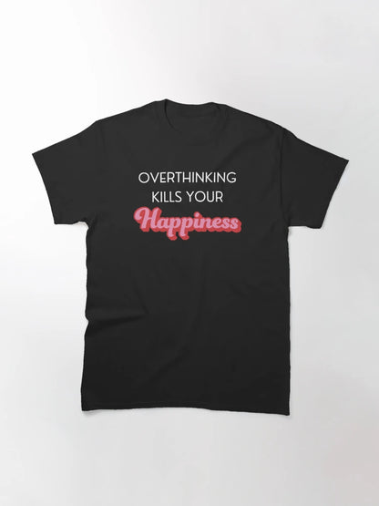 Overthinking Kills Your Happiness, Retro colorful groovy style on black background