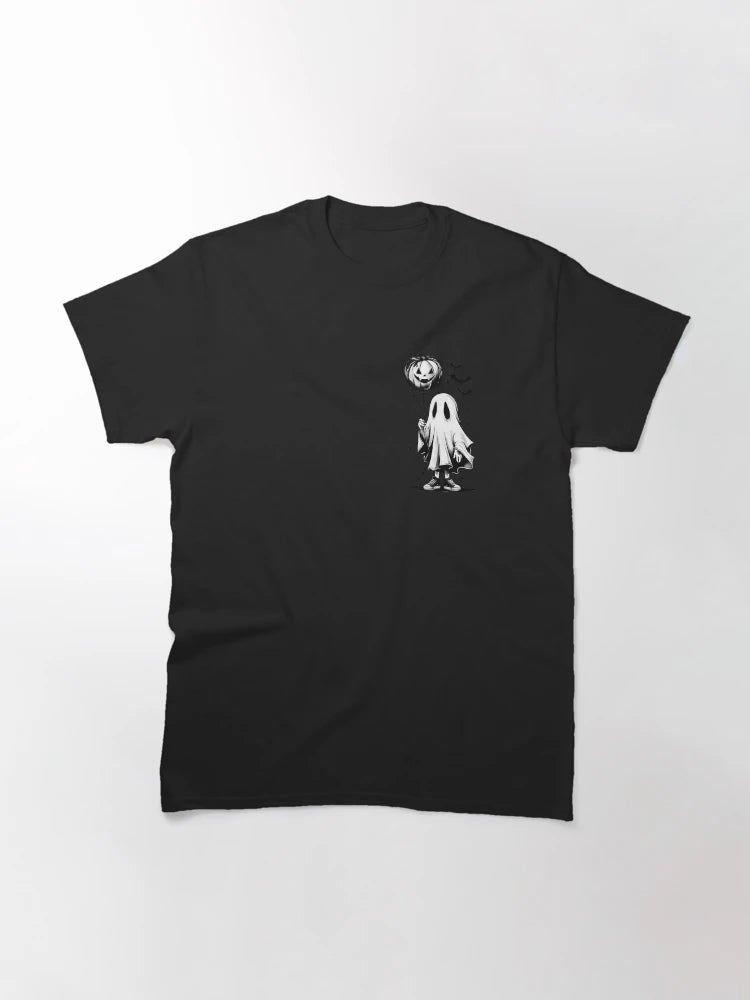 A ghost costume child holding a jack-o'-lantern balloon, surrounded by bats and sparkles.